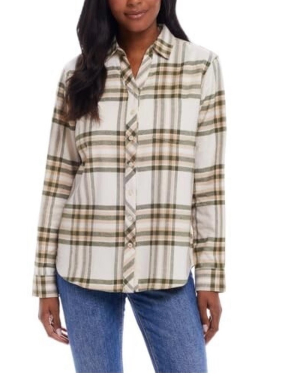 Women’s Plaid Button-Down Shirt in Cream and Olive